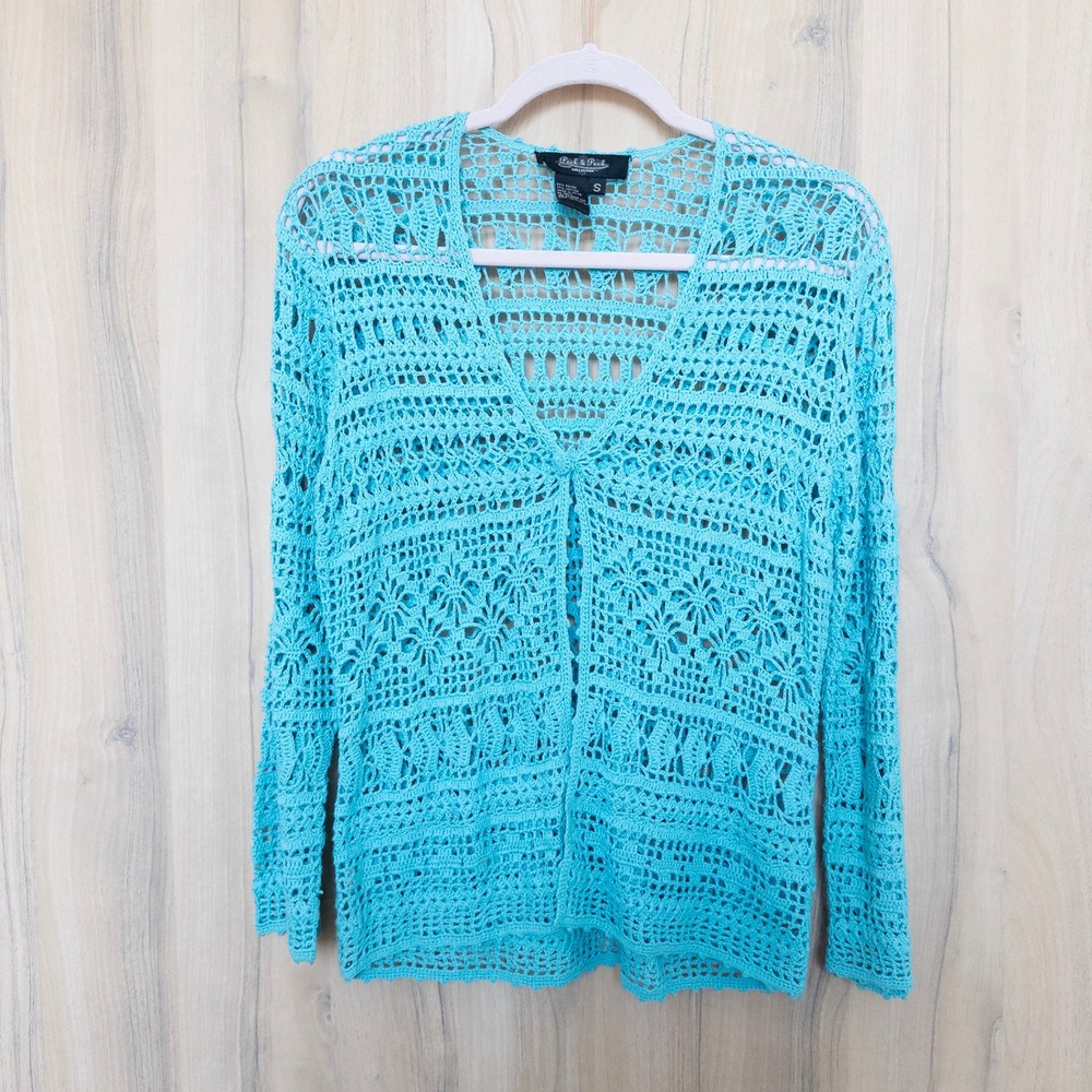 Peck & Peck Womens Crochet Cardigan Size‎ Small Turquoise Boho Coastal Beach